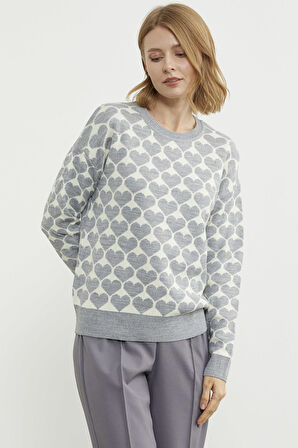 Kalp Desenli Sıfır Yaka Triko Kazak - Gri