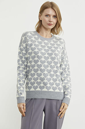 Kalp Desenli Sıfır Yaka Triko Kazak - Gri