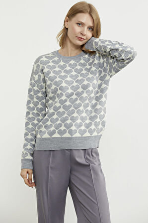 Kalp Desenli Sıfır Yaka Triko Kazak - Gri