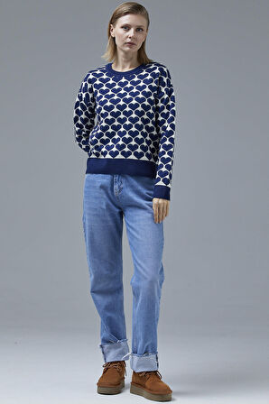 Kalp Desenli Sıfır Yaka Triko Kazak - Lacivert