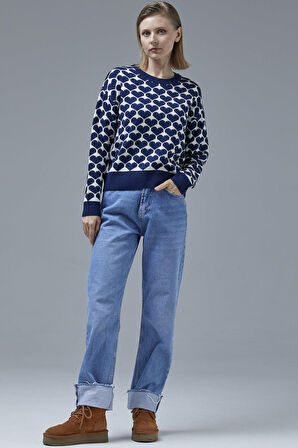 Kalp Desenli Sıfır Yaka Triko Kazak - Lacivert