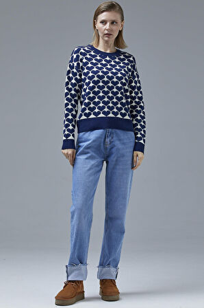 Kalp Desenli Sıfır Yaka Triko Kazak - Lacivert