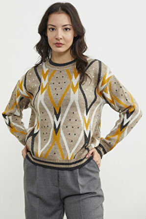 Renkli Baklava Desenli Yünlü Triko Kazak - Bej