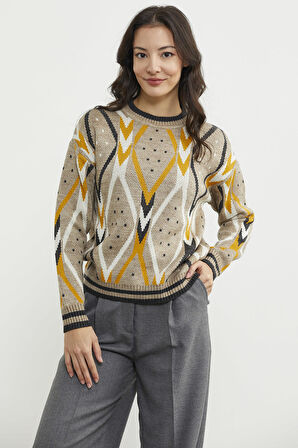 Renkli Baklava Desenli Yünlü Triko Kazak - Bej