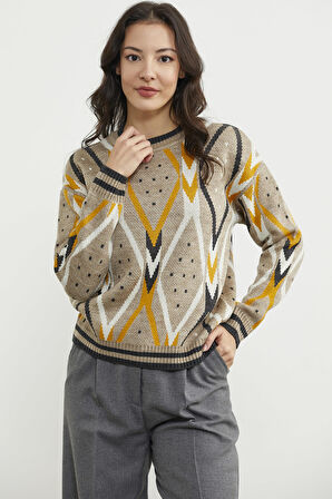 Renkli Baklava Desenli Yünlü Triko Kazak - Bej