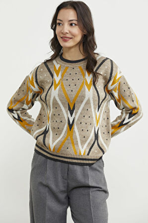 Renkli Baklava Desenli Yünlü Triko Kazak - Bej