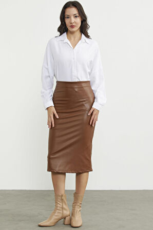 Diz Boy Suni Deri Etek - Kahve