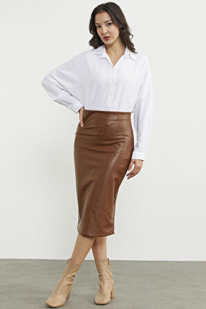 Diz Boy Suni Deri Etek - Kahve