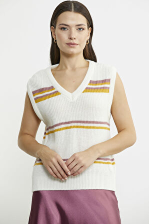 Çizgili V Yaka Yünlü Triko Süveter - Kemik