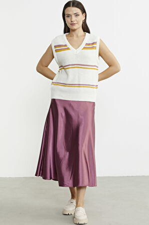 Çizgili V Yaka Yünlü Triko Süveter - Kemik