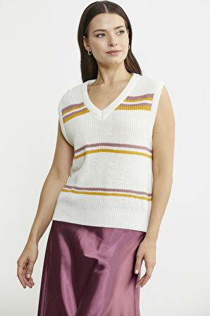 Çizgili V Yaka Yünlü Triko Süveter - Kemik