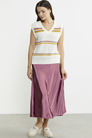 Çizgili V Yaka Yünlü Triko Süveter - Kemik