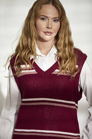 Çizgili V Yaka Yünlü Triko Süveter - Bordo
