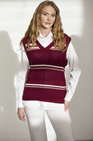 Çizgili V Yaka Yünlü Triko Süveter - Bordo