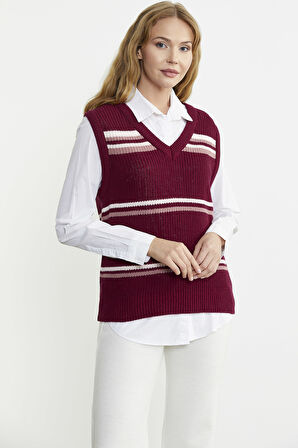 Çizgili V Yaka Yünlü Triko Süveter - Bordo