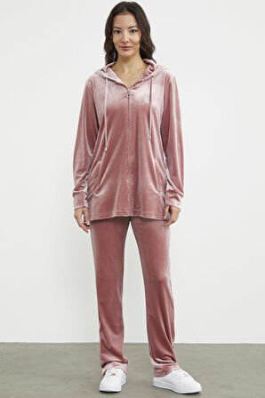 Tam Fermuarlı Tunik Boy Kadife Eşofman Takım - Pudra