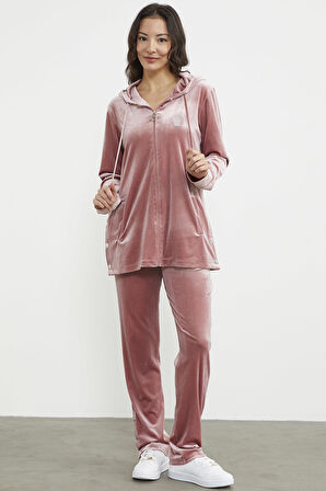 Tam Fermuarlı Tunik Boy Kadife Eşofman Takım - Pudra