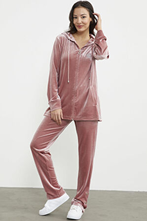 Tam Fermuarlı Tunik Boy Kadife Eşofman Takım - Pudra