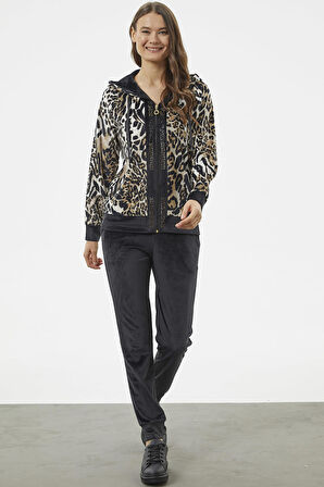 Kadife Leopar Desenli Eşofman Takım - Kahve