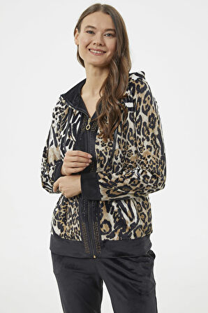 Kadife Leopar Desenli Eşofman Takım - Kahve