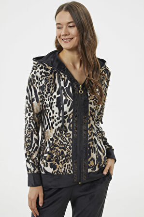 Kadife Leopar Desenli Eşofman Takım - Kahve