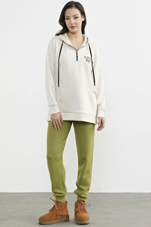 Yarım Fermuarlı Kapüşonlu Sweatshirt - Bej