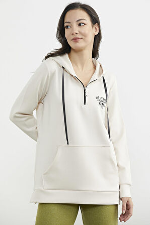 Yarım Fermuarlı Kapüşonlu Sweatshirt - Bej