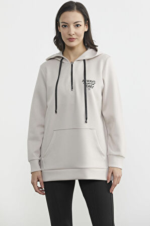 Yarım Fermuarlı Kapüşonlu Sweatshirt - Taş