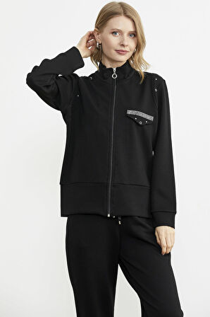 Taş Detaylı Scuba Eşofman Takım - Siyah