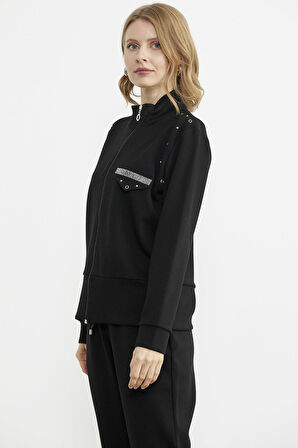 Taş Detaylı Scuba Eşofman Takım - Siyah