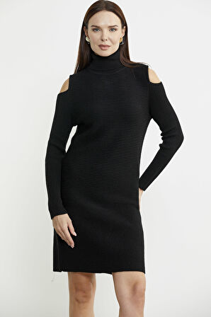 Omuzları Açık Tam Balıkçı Triko Elbise - Siyah