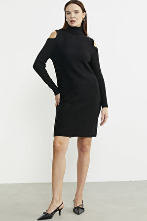 Omuzları Açık Tam Balıkçı Triko Elbise - Siyah