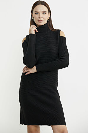 Omuzları Açık Tam Balıkçı Triko Elbise - Siyah