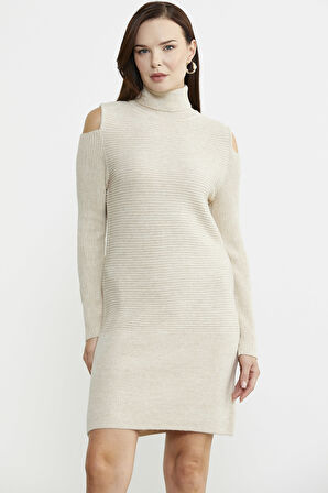 Omuzları Açık Tam Balıkçı Triko Elbise - Taş