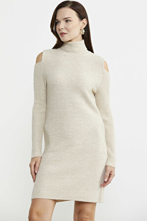 Omuzları Açık Tam Balıkçı Triko Elbise - Taş