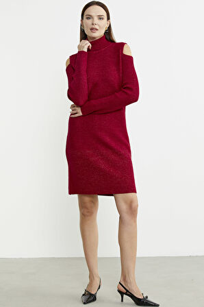 Omuzları Açık Tam Balıkçı Triko Elbise - Kırmızı