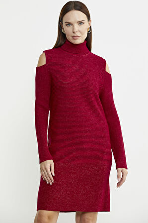 Omuzları Açık Tam Balıkçı Triko Elbise - Kırmızı