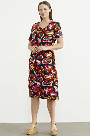 Önden Düğmeli Desenli Viskon Elbise - Siyah