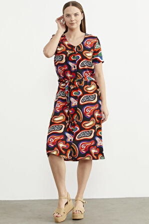 Önden Düğmeli Desenli Viskon Elbise - Siyah