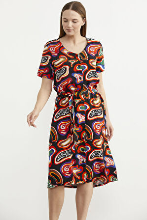 Önden Düğmeli Desenli Viskon Elbise - Siyah