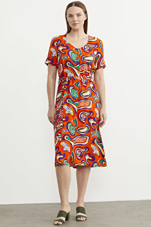 Önden Düğmeli Desenli Viskon Elbise - Oranj