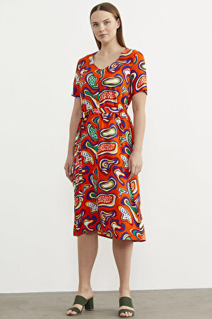 Önden Düğmeli Desenli Viskon Elbise - Oranj