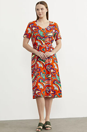 Önden Düğmeli Desenli Viskon Elbise - Oranj