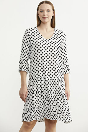 Puantiye Desenli Rahat Kalıp Dökümlü Elbise - Ekru