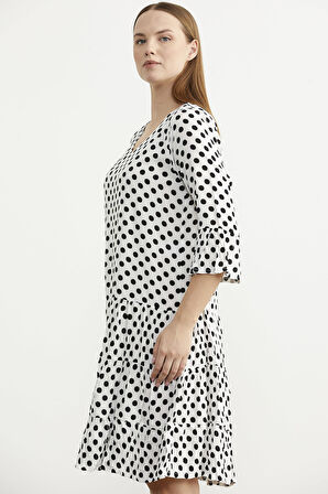 Puantiye Desenli Rahat Kalıp Dökümlü Elbise - Ekru