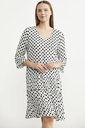 Puantiye Desenli Rahat Kalıp Dökümlü Elbise - Ekru