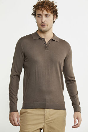 Erkek Polo Yaka Triko Kazak - Vizon