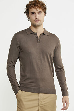 Erkek Polo Yaka Triko Kazak - Vizon