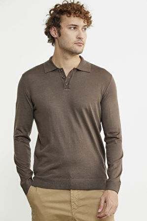 Erkek Polo Yaka Triko Kazak - Vizon