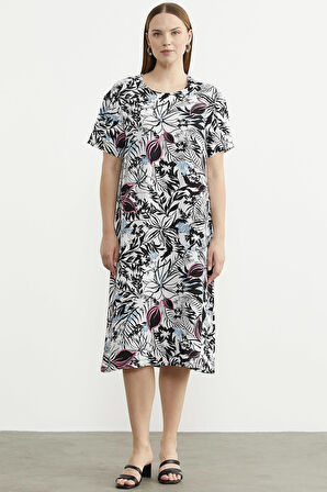 Desenli Kısa Kol Rahat Kalıp Elbise - Siyah